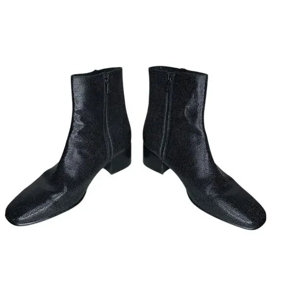 Rag & Bone Ashlen Black Pebbled Leather Midi Ankle Boots Square Toe Size 9 - Picture 6 of 12